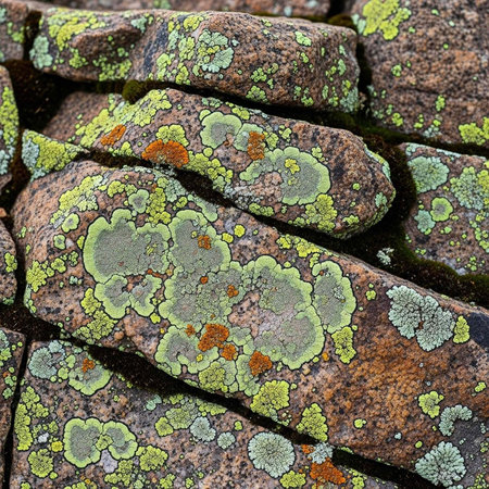 A close-up view of mossy rocks with vibrant lichen growth in shades of green and orangeの写真素材