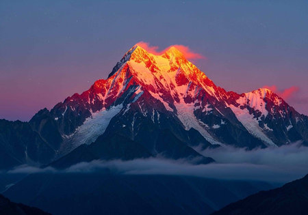 A majestic snow-capped mountain range at sunrise with clouds and a vibrant skyの写真素材