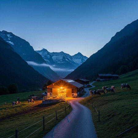 A serene mountain landscape with a cozy barn lit up at dusk surrounded by grazing cowsの写真素材