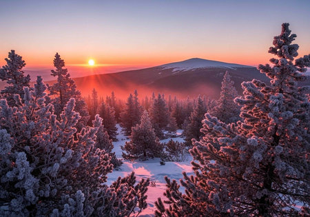 A serene winter landscape with snow-covered trees and a vibrant sunset in the backgroundの写真素材