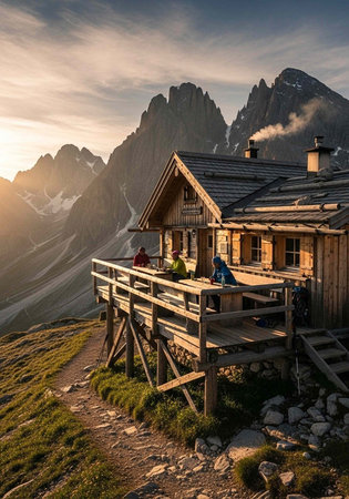 A wooden cabin on a mountain peak at sunset with people on the deckの写真素材