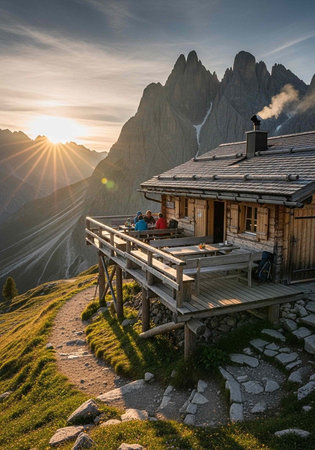 A serene mountain cabin with a wooden deck at sunset surrounded by majestic peaks and lush greeneryの写真素材