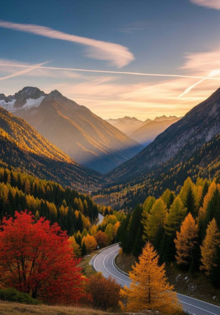 A winding road through a vibrant mountain valley during a serene autumn sunsetの写真素材