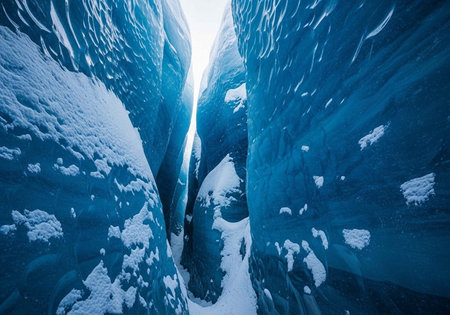 A stunning ice cave with snow-covered walls and a bright light at the endの写真素材