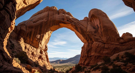 A stunning natural rock arch formation in a desert landscape under a blue skyの写真素材