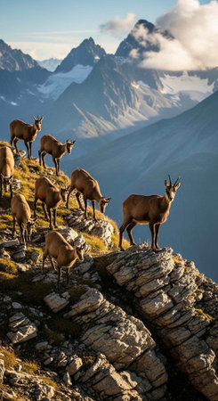 A herd of goats standing on a rocky mountain peak with a breathtaking view of the surrounding landscapeの写真素材