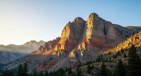 A breathtaking mountain landscape with rugged peaks and trees under a clear blue sky at sunsetの写真素材