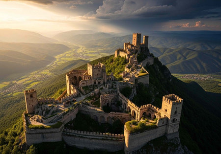 A medieval castle sits atop a lush green hill overlooking a serene valley at sunsetの写真素材