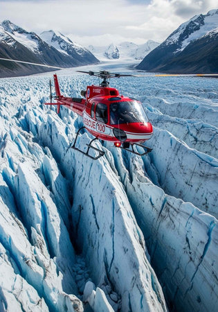 A red helicopter flies over a vast glacier with snow-capped mountains in the background.の写真素材
