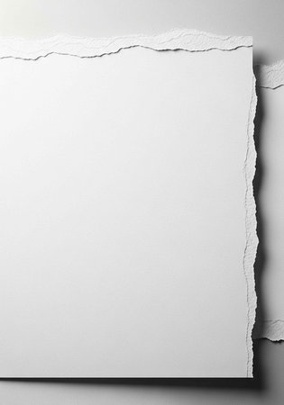 A piece of white paper with torn edges and a rough texture, set against a light gray backgroundの写真素材