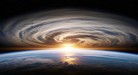 A large hurricane dominates the scene with swirling clouds and a bright sun rising over the curved Earthの写真素材