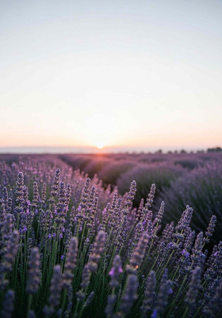 A peaceful lavender field with vibrant purple flowers and lush green stems at sunset under a soft pastel skyの写真素材