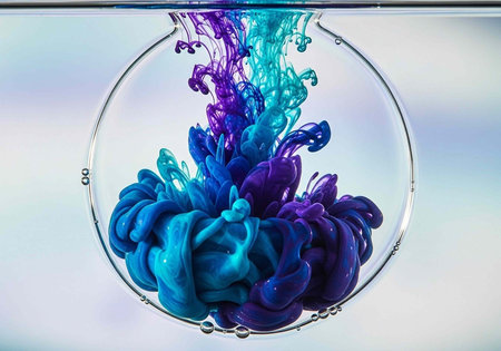 A glass sphere contains swirling blue and purple ink underwater, creating a mesmerizing colorful display against a blurred backgroundの写真素材
