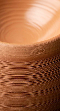 A detailed view of a terracotta pot's ridged exterior and circular interior, highlighting its natural color and texture.の写真素材