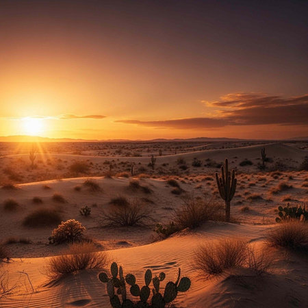 Serene desert scene with cacti, sandy dunes, and sparse vegetation under a warm orange sunset sky with cloudsの写真素材