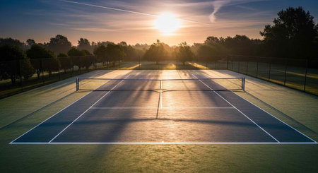 A serene tennis court at sunset with two nets, surrounded by trees and a fence, under a vibrant skyの写真素材