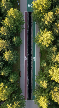 Overhead shot of a red and green marked path with numbers, lined with trees and greenery on both sidesの写真素材