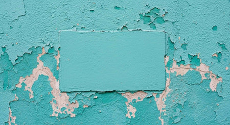 A close-up of a turquoise-painted wall with peeling paint, revealing a smooth rectangular patch and worn texture underneath.の写真素材