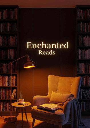 Warmly lit reading nook with a comfortable armchair, side table, lamp, and bookshelves in the background at nightの写真素材