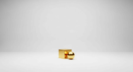 A small golden cube and sphere sit on a plain white surface, reflecting light with a minimalist background.の写真素材