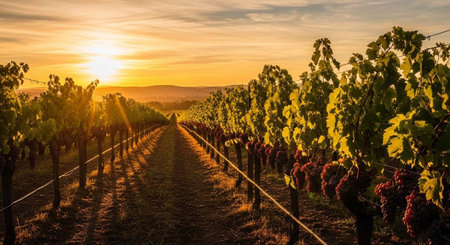 A picturesque vineyard at sunset with rows of green vines bearing purple grapes under a warm golden skyの写真素材
