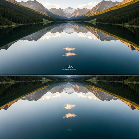 A mirrored reflection of mountains and trees in a still lake, with a cloudy sky and serene atmosphereの写真素材
