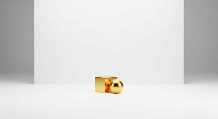 A small golden cube and sphere sit on a white floor with gray shadows on the wall behind them.の写真素材