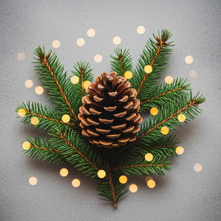 A festive Christmas decoration featuring a pine cone surrounded by evergreen branches and warm lightsの写真素材