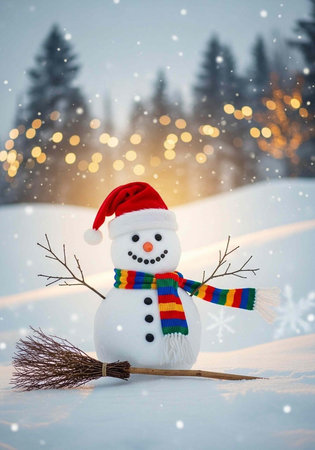 A cheerful snowman wearing a Santa hat and colorful scarf in a snowy winter landscape with twinkling lightsの写真素材