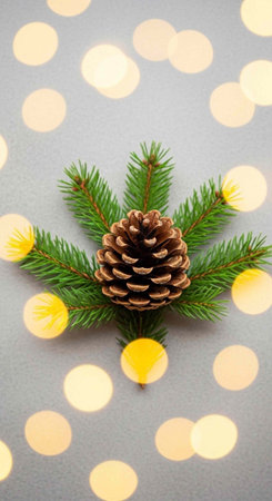A festive pinecone surrounded by evergreen branches and warm glowing lights on a gray backgroundの写真素材
