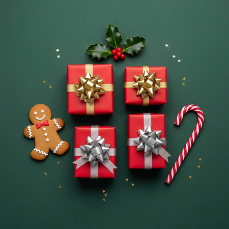 A festive holiday arrangement featuring wrapped gifts, a gingerbread man, and candy on a green backgroundの写真素材