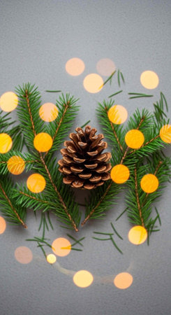 A festive Christmas decoration featuring a pine cone surrounded by green branches and warm yellow lights.の写真素材