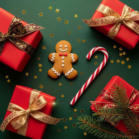 A festive holiday scene with gifts, a gingerbread man, and candy cane on a green backgroundの写真素材