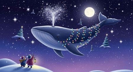 A magical Christmas scene with a whale and two children in a snowy landscapeの写真素材