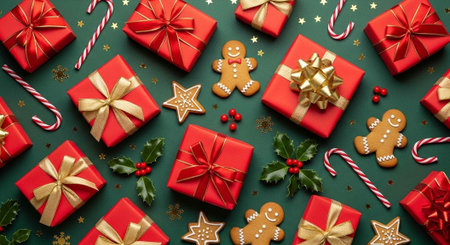 A festive holiday background with gifts, candy canes, and gingerbread cookies on a green surfaceの写真素材