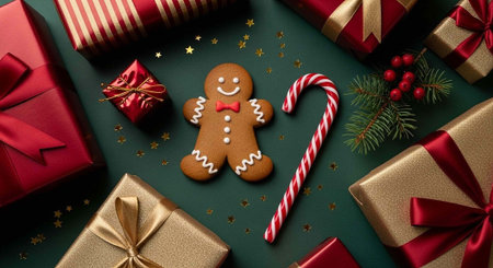 A festive holiday scene with a gingerbread man surrounded by gifts and candy canes on a green backgroundの写真素材