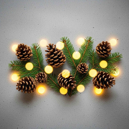 A festive arrangement of pinecones and evergreen branches adorned with warm glowing lights on a gray backgroundの写真素材