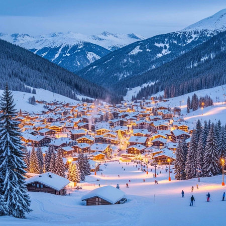 A serene winter wonderland village nestled in snow-covered mountains at dusk with people skiingの写真素材