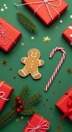 A festive holiday arrangement featuring a gingerbread man surrounded by gifts and candy canes on a green backgroundの写真素材