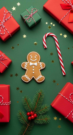 A festive holiday scene with gifts, a gingerbread man, and candy cane on a green backgroundの写真素材