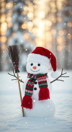 A cheerful snowman wearing a red hat and scarf stands in a snowy winter landscape with a broomの写真素材