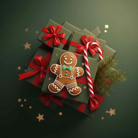 A stack of green Christmas presents with red ribbons and a gingerbread man on topの写真素材