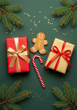 A festive holiday arrangement featuring gifts, a gingerbread man, and candy on a green backgroundの写真素材