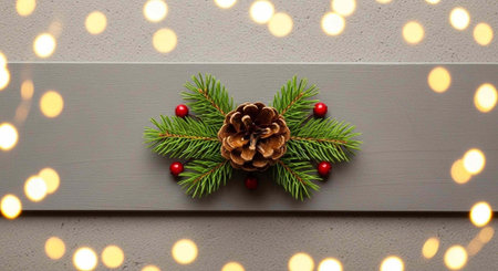 A festive Christmas decoration with pinecone and red berries on a gray background with lightsの写真素材