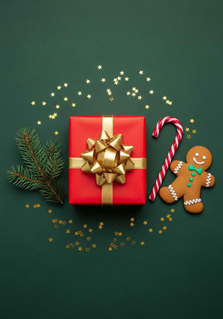 A festive holiday scene with a wrapped gift, candy cane, and gingerbread man on a green backgroundの写真素材