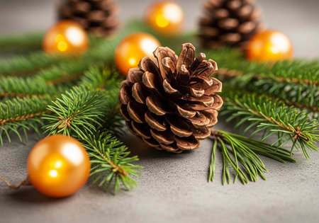 A festive arrangement of pinecones and Christmas ornaments on a gray surfaceの写真素材