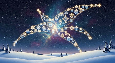 A snowy landscape with pine trees under a starry night sky featuring a glowing star made of snowflakes and lightsの写真素材