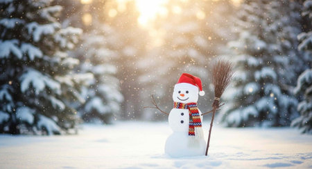 A cheerful snowman wearing a red hat and colorful scarf stands in a snowy forest with evergreen treesの写真素材