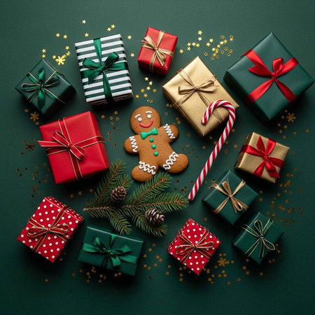 Colorful presents, gingerbread man, candy canes, and pine branches on dark green surface with gold stars and confettiの写真素材