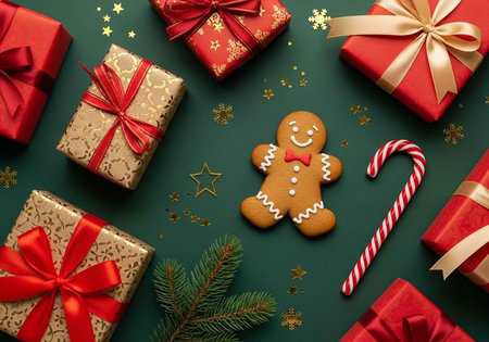 Festive holiday arrangement with wrapped presents, gingerbread man, candy cane, and pine branch on green background with gold accentsの写真素材